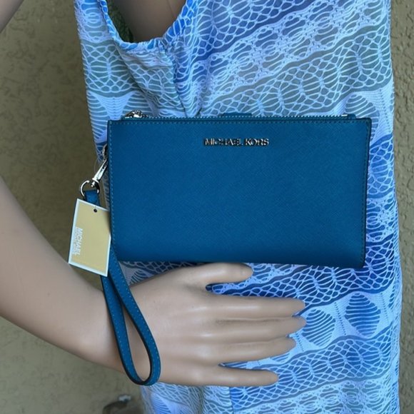 Michael Kors Large Double Zip Leather Wallet Wristlet Phone Case Lagoon - Picture 14 of 16